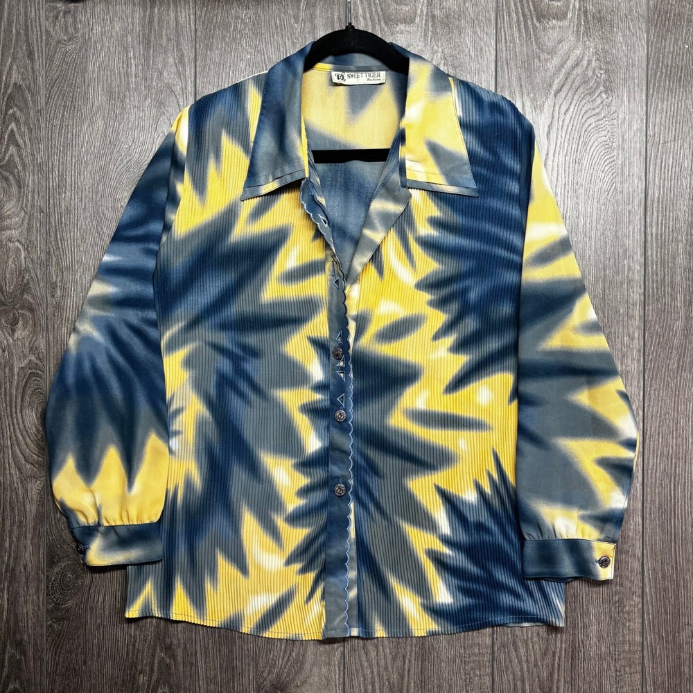 Vintage Sweet Tiger 70s Blue Yellow Large Tie Dye Pleated Dagger Collar Blouse